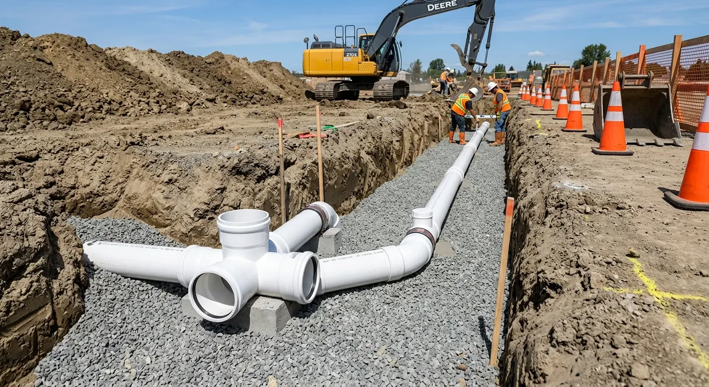 New PVC sewer pipe installation in open trench for Sewer Backup in Damascus