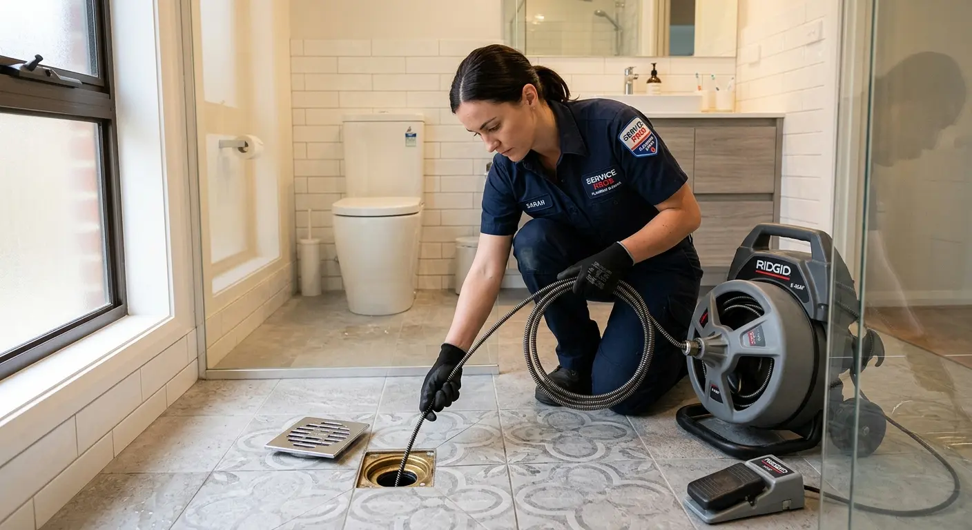 Technician clearing a bathroom floor drain for Drain Cleaning in Damascus